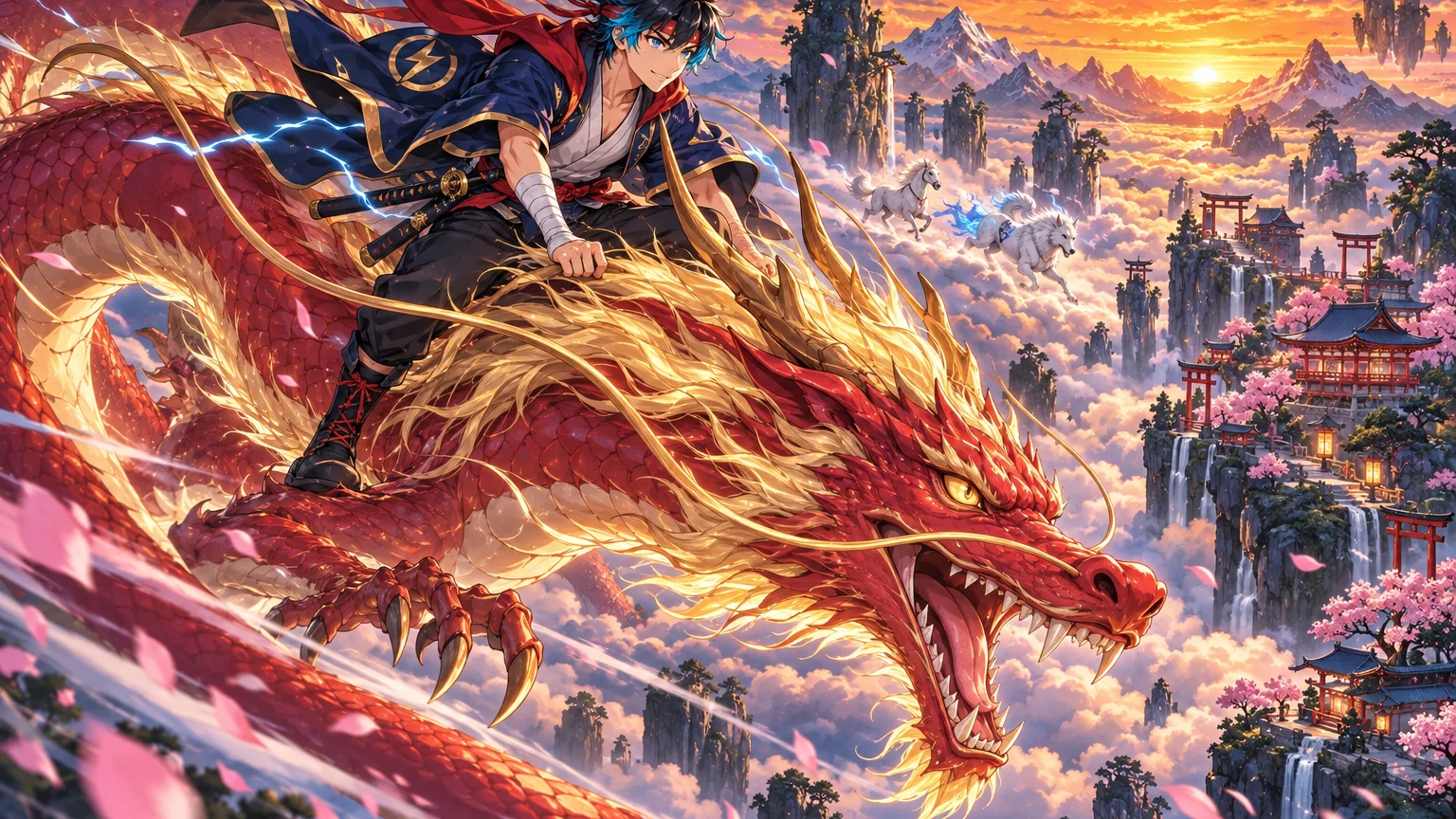 Hayato montado no dragão carmesim Kōryū acima do mar de nuvens